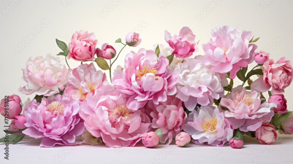 A lush arrangement of pink peonies in full bloom, showcasing beauty and romance on a subtle backdrop.