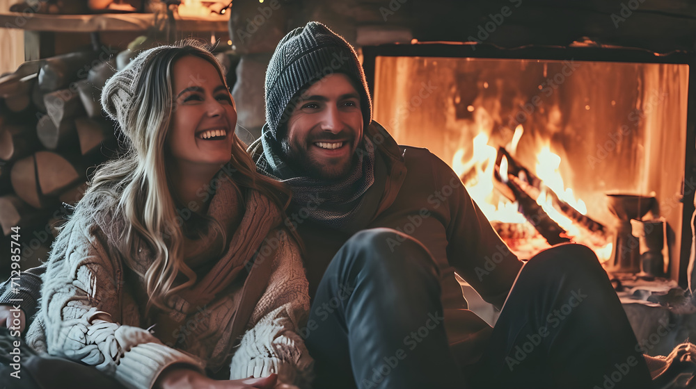 Couple in love laughing and chatting by the fireplace on a cold evening