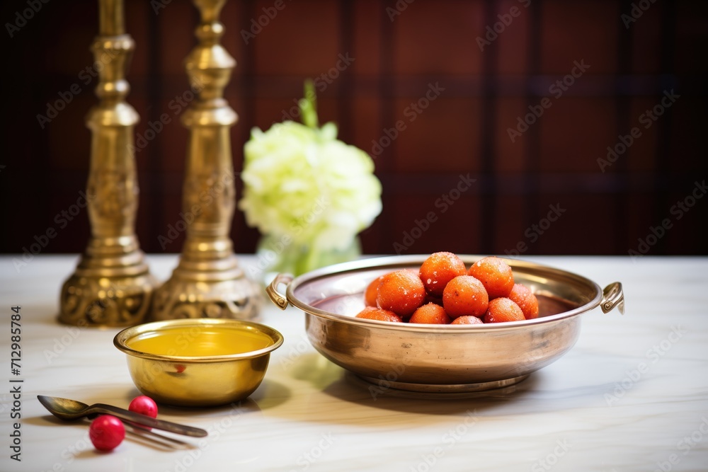 gulab jamun in brass bowl beside a diya lamp gulab jamun in brass bowl beside a diya lamp