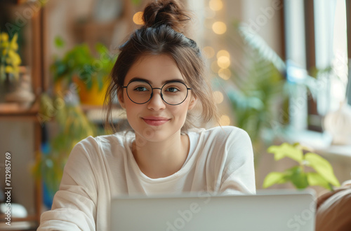 female working with laptop, smiling stock photo pyyysil, in the style of photo-realistic hyperbole, light yellow and light magenta
