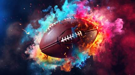 American football in dynamic colorful smoke, representing energy and motion.