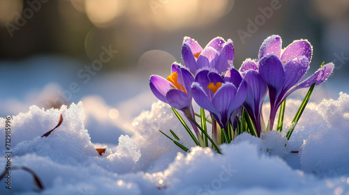 Bright cute lilac spring crocuses in the snow on a mountainous area