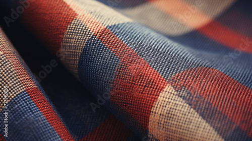 Macro shot of plaid fabric with a detailed blue and red pattern, showing texture and textile quality.