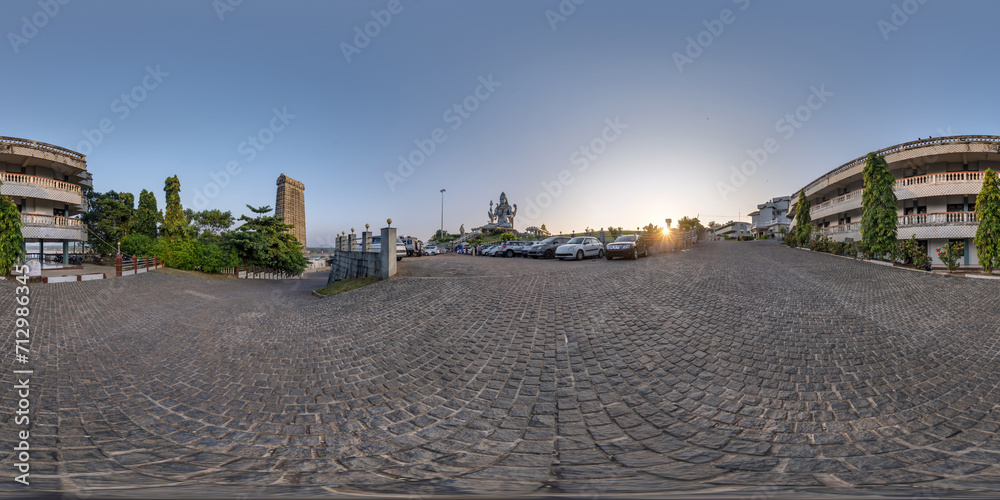 full 360 hdri panorama near tallest hindu shiva statue in india on mountain near ocean in equirectangular spherical projection