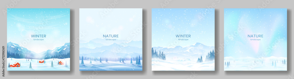 Winter landscapes. A snowy valley with fir trees, mountain peaks, aurora borealis, red houses in a high mountain village. Snowfall. Extreme tourism, active recreation in winter, hiking. Vector images.
