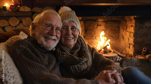 An elderly couple sits by the fireplace with a fire and warms themselves 