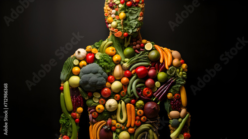 The concept of proper nutrition in the form of a man made from vegetables  © Taisiia