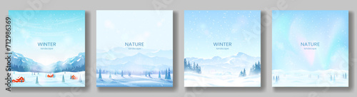 Winter landscapes. A snowy valley with fir trees, mountain peaks, aurora borealis, red houses in a high mountain village. Snowfall. Extreme tourism, active recreation in winter, hiking. Vector images.