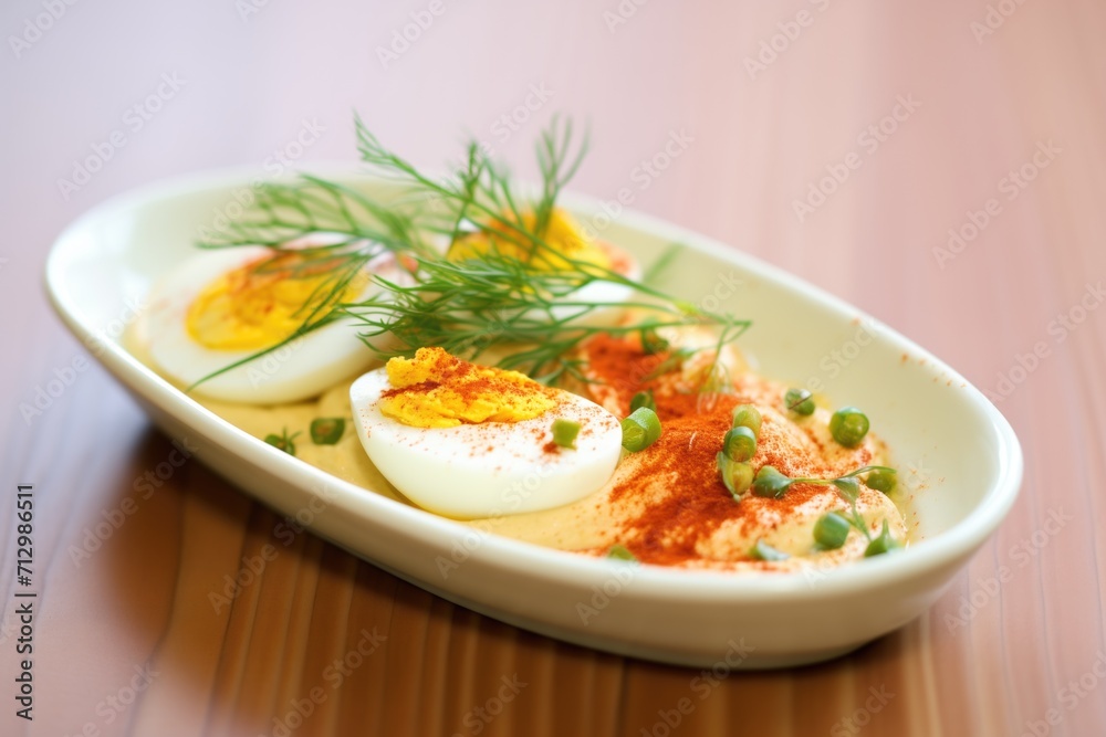 sliced boiled eggs on hummus with a touch of smoked paprika