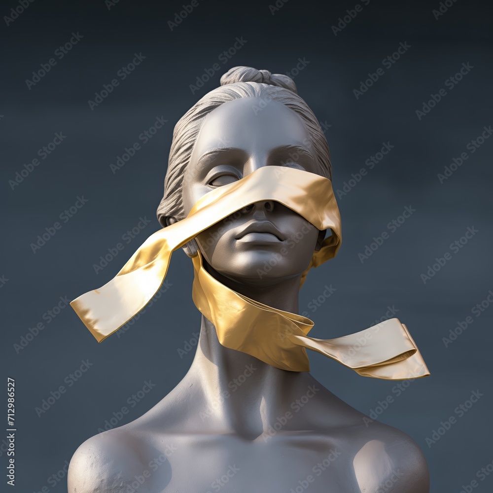 Grey bust. Scarf. Idol. Satin bow. Golden ribbon. Breast. 3d statue