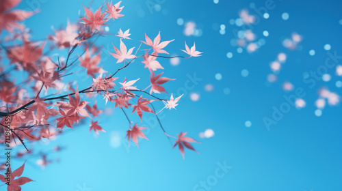 Vibrant red autumn leaves on a branch, with a beautiful bokeh effect in the soft blue background.