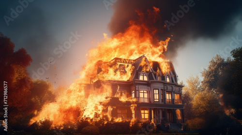 A fierce blaze consumes a grand Victorian house, with intense flames and smoke against an ominous sky.
