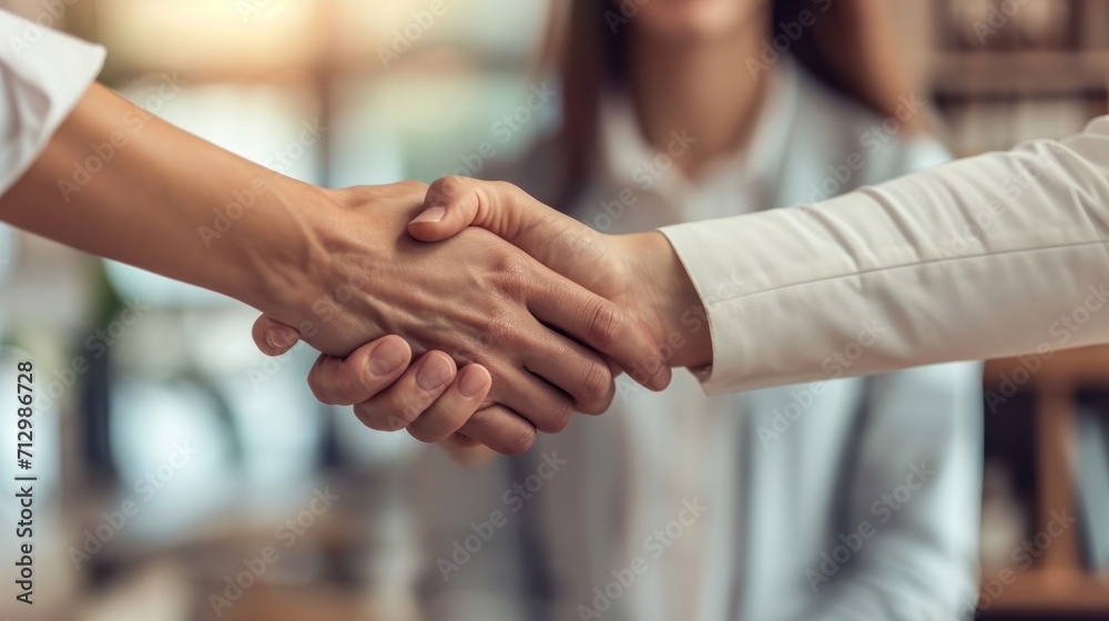 shaking hands and thank you handshake of a corporate worker in a office. Business deal, partnership and we are hiring gesture with a female hr manager ready for onboarding welcome with trust - obrazy, fototapety, plakaty 