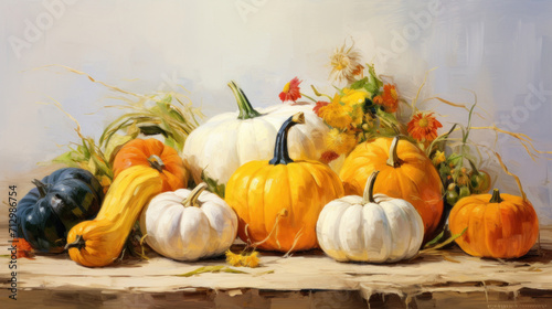 Oil painting capturing the rich tones and textures of an autumn harvest  featuring pumpkins and vibrant flowers.