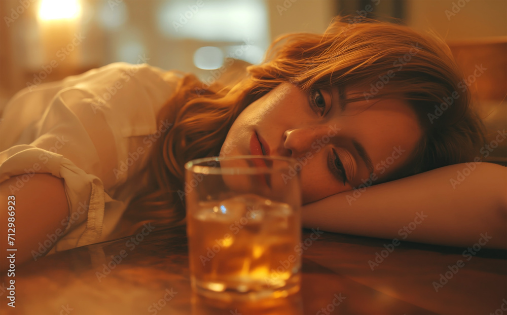 Drunk woman overwhelmed by alcohol, glass of whiskey on the table