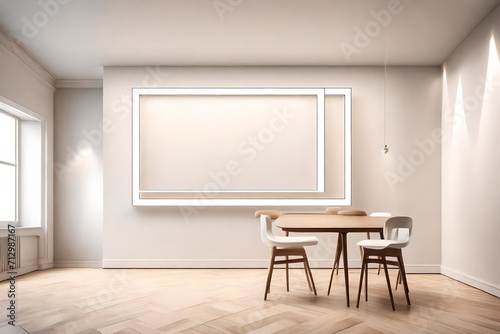 A visual poem of minimalistic beauty unfolds as an empty room features a blank white frame on a clear solid color wall, illuminated by the gentle glow of a pendant light.