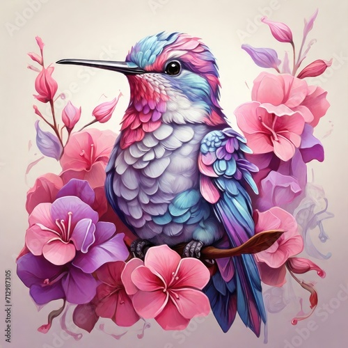 hummingbird bird in lilac pink blue colors