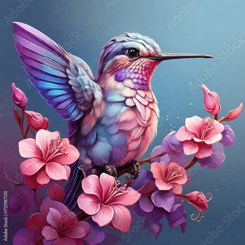 hummingbird bird in lilac pink blue colors