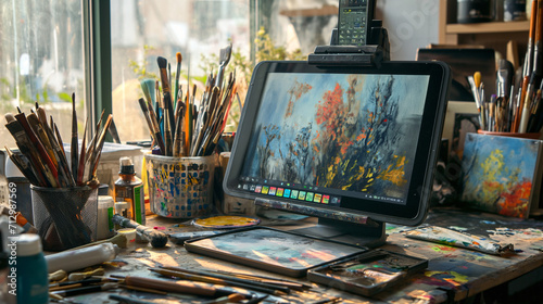 Grafik Tablet bei einem Künstler als Inspiration im Künstler Atelier und Steigerung der Kreativität im künstlerischen Prozess Generative AI