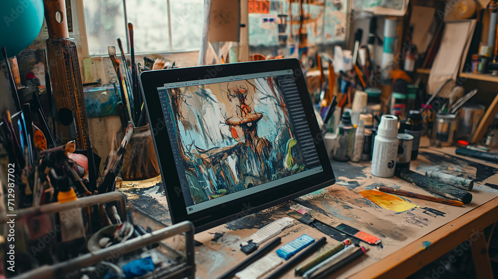 Grafik Tablet bei einem Künstler als Inspiration im Künstler Atelier und Steigerung der Kreativität im künstlerischen Prozess Generative AI Grafik Tablet bei einem Künstler als Inspiration im Künstler Atelier und Steigerung der Kreativität im künstlerischen Prozess Generative AI