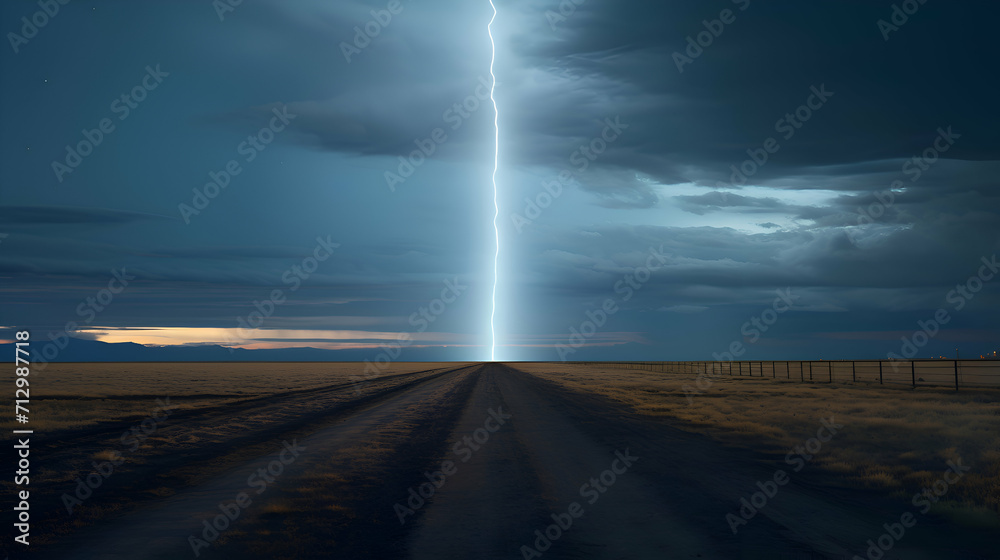 Thick lightning strikes the earth in front of a vehicle. 