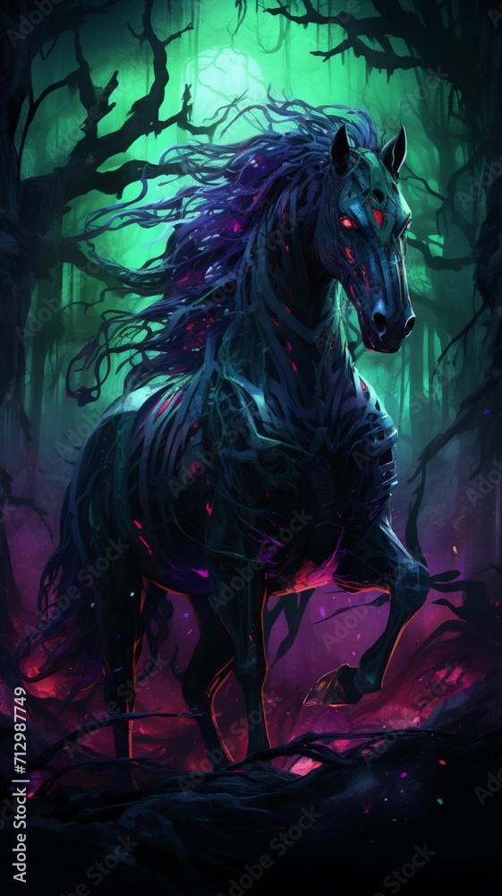 Generative AI evil horse dark neon light forest pictures