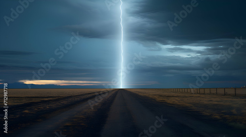 Thick lightning strikes the earth in front of a vehicle. 