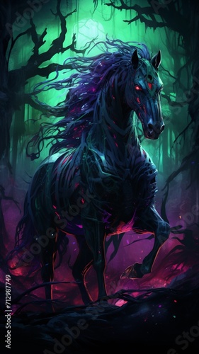 Obraz na płótnie Generative AI evil horse dark neon light forest pictures w salonie