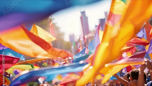 Closeup of a sea of colorful flags fluttering in the breeze at a cultural parade. photo