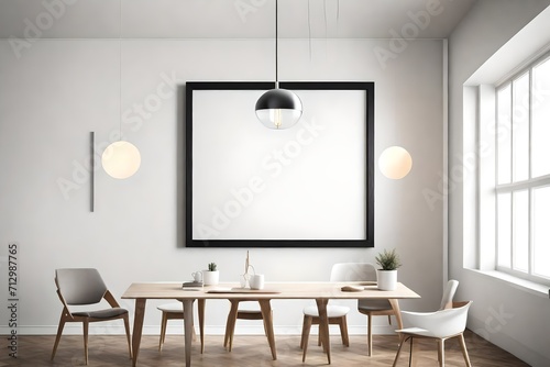 An abstract geometric design in a blank white frame on a clear solid color wall, illuminated by a sleek pendant light.