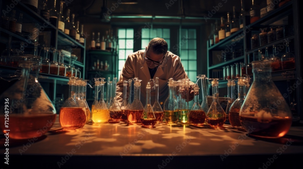 Chemist conducting experiments with colorful chemicals in laboratory glassware
 - obrazy, fototapety, plakaty 