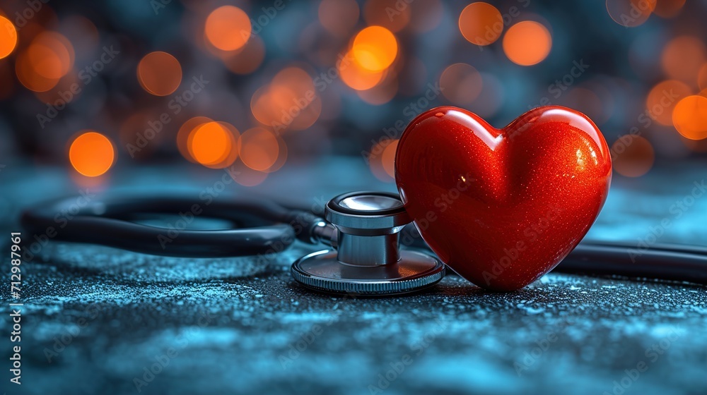 Stethoscope And Flat Red Heart World Health Day and on hospital Blurred and Glowing Background Stethoscope And Flat Red Heart World Health Day and on hospital Blurred and Glowing Background