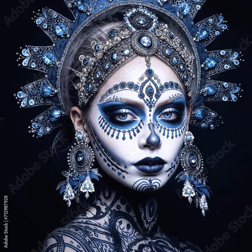 Sugar Skull Serenade: Where Laughter Echoes in Bone, a Vibrant Face Sings Life's Sweet Song. Blue Blooms and Crimson Charms: Death Dances with Delight, a Dia de Muertos Diva Embraces Sunlit Skulls.