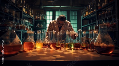 Chemist conducting experiments with colorful chemicals in laboratory glassware 