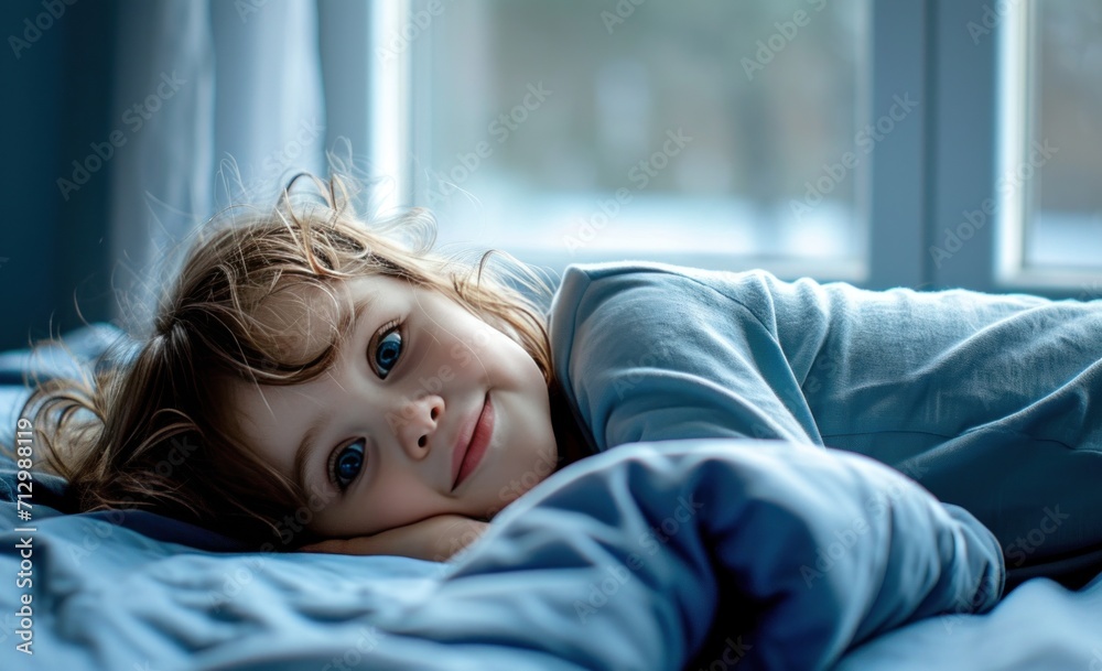 child laying on the bed near the window child laying on the bed near the window