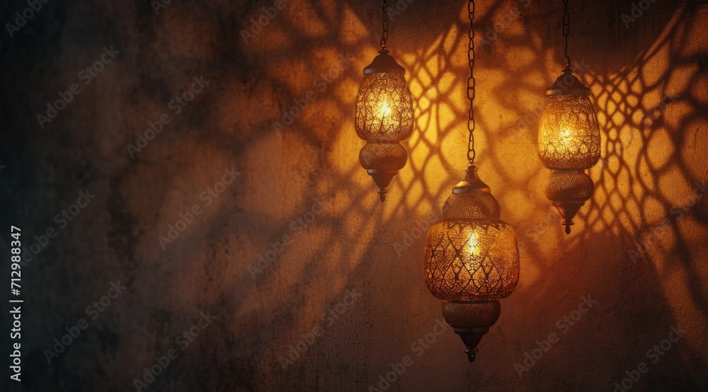 arabic lamps hanging on wall morocco wallpaper - obrazy, fototapety, plakaty 