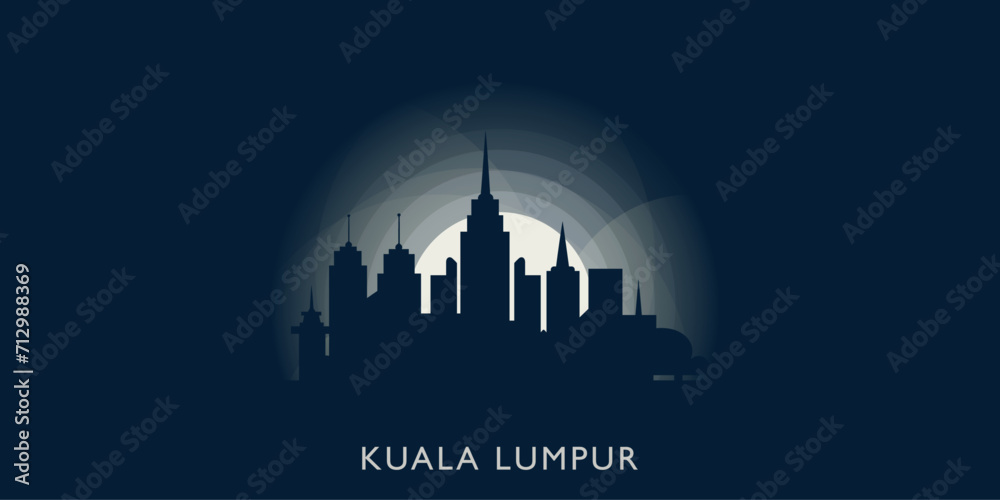 Kuala Lumpur cityscape skyline city panorama vector flat modern banner illustration. Malaysia megapolis emblem idea with landmarks and building silhouettes at sunrise sunset night