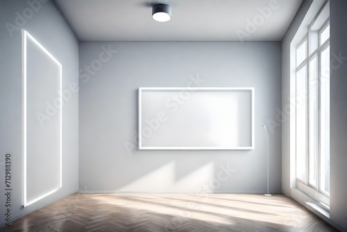 The magic of emptiness unfolds in a single frame, an empty room with a blank white frame on a clear solid color wall, illuminated by a sleek pendant light.