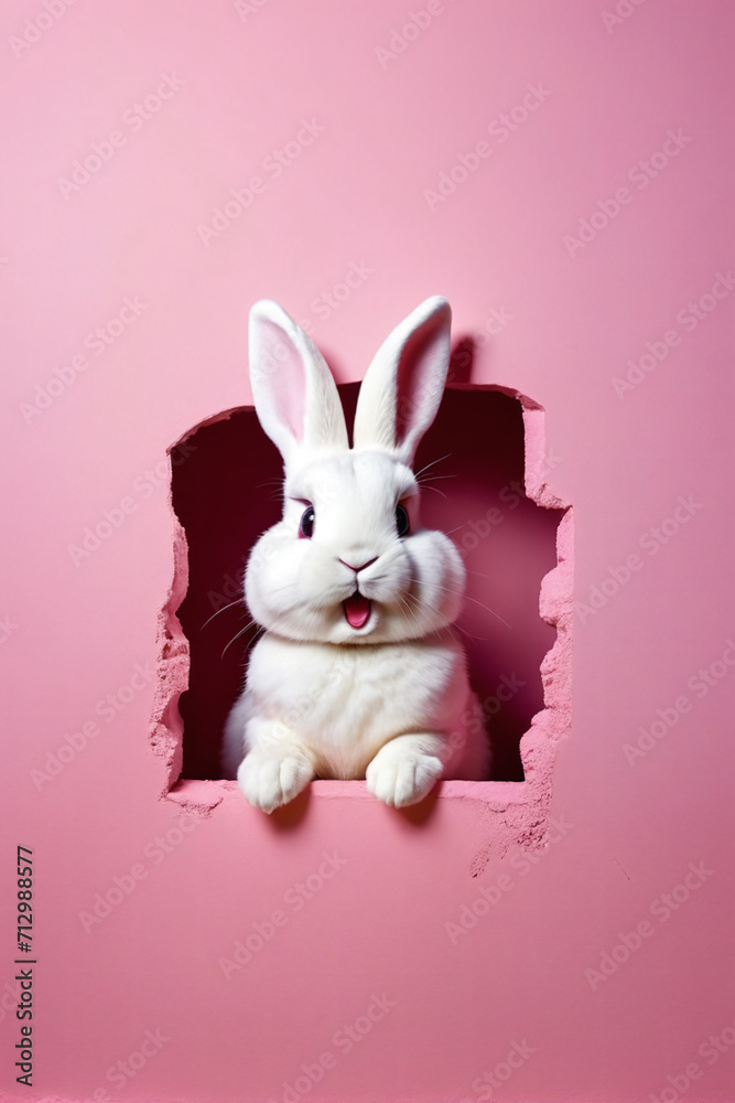 Obraz premium Easter bunny peeps out from a hole in a pink wall