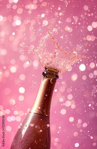 champagne bottle falling on a pink background