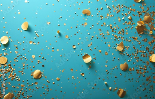 gold confetti and confetti on blue background christmas