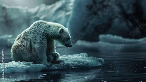 a white bear grieving over a melting glacier