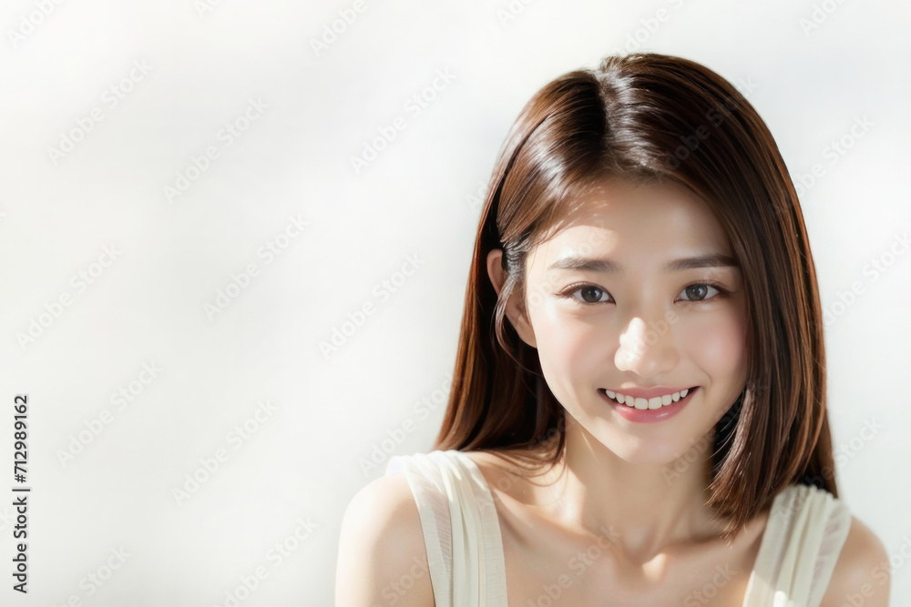 スタジオの白背景で撮影した笑顔の美人日本人女性ポートレイト スタジオの白背景で撮影した笑顔の美人日本人女性ポートレイト