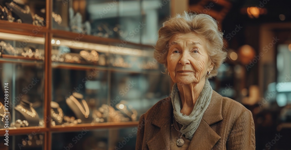 an older woman is standing in a jewelry store
