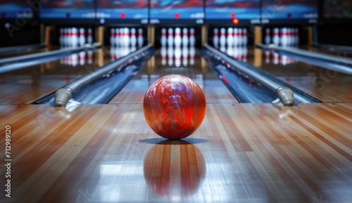 bowling ball at the front of a pins with many other bowling balls photo