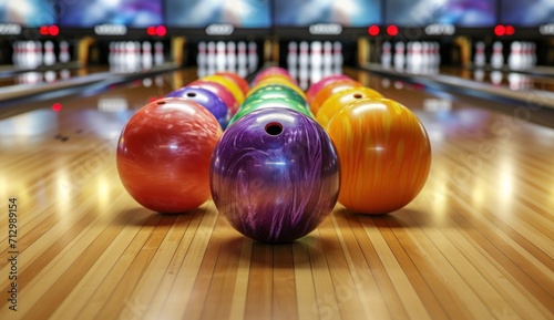 bowling ball at the front of a pins with many other bowling balls