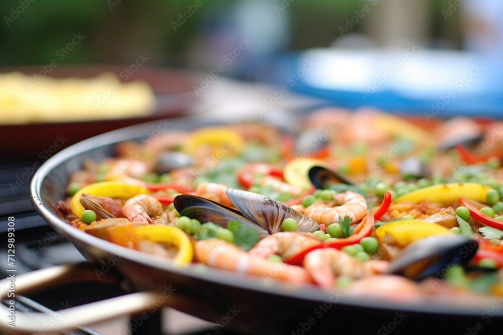 close-up on pan edge, showing socarrat of a well-cooked paella close-up on pan edge, showing socarrat of a well-cooked paella