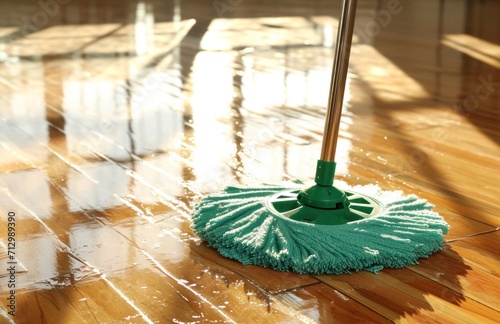 clean floor on a wooden floor with green mop