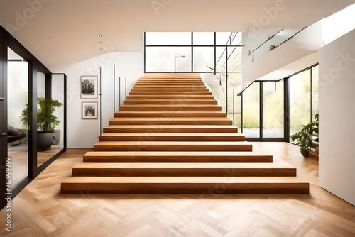 A U-shaped staircase with wooden steps, complementing the minimalist aesthetic of a modern living room bathed in natural light and vivid colors.