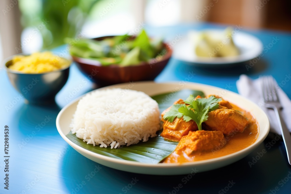 paneer butter masala with rice on a banana leaf